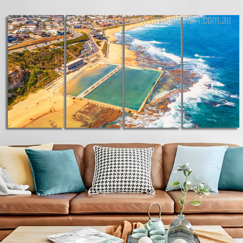 Merewether Ocean Baths Newcastle Australia Landscape Modern Framed Painting Photo 4 Piece Framed Canvas Wall Art Prints Set For Room Wall Décor